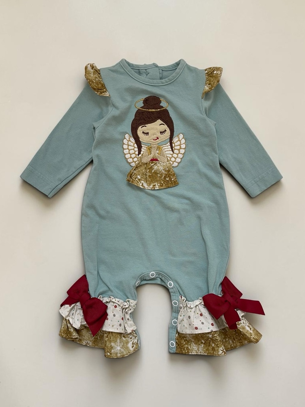 RICRAC & RUFFLES EUC Christmas Angel Appliqué Ruffle Bow Romper